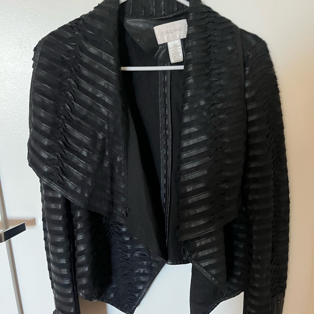 Cache Textured Leather Jacket - Draped Ruffles - image 3